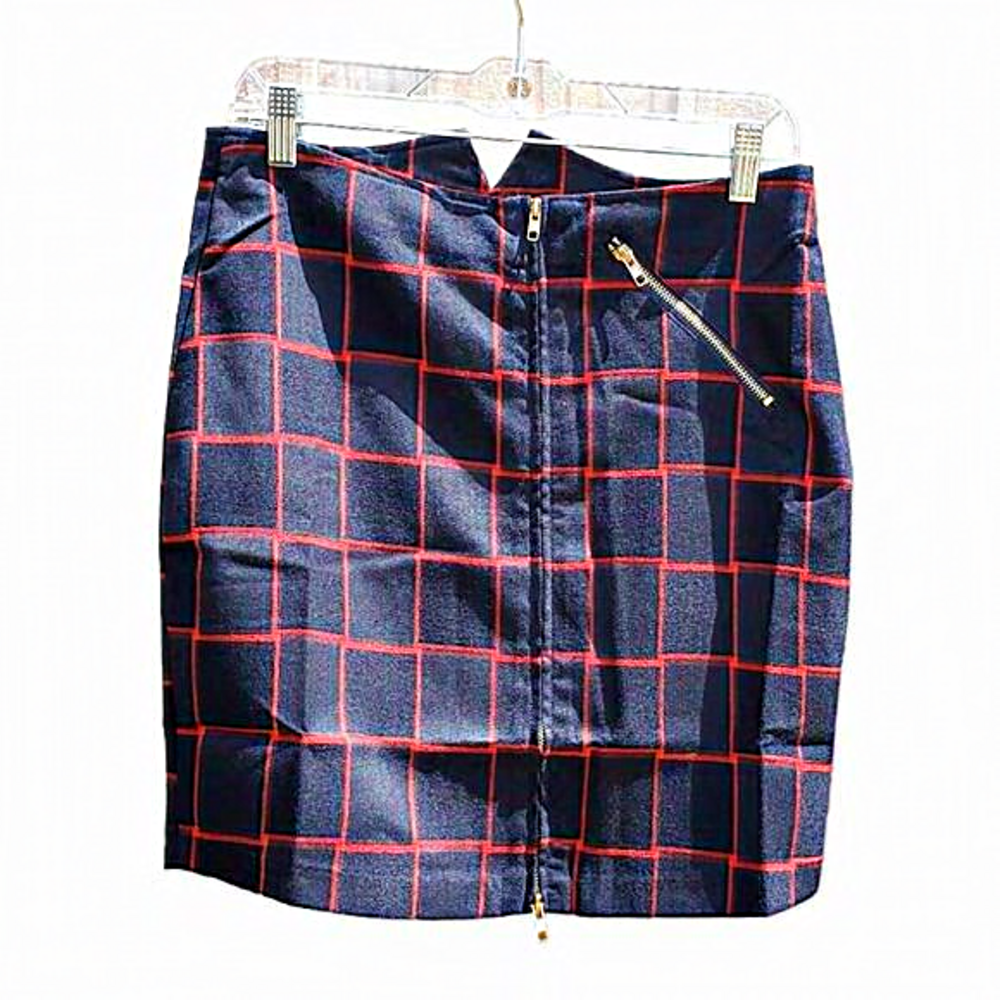 Uniq Plaid Navy Red Golden‎ Zipup Dressy Mini Skirt Large NWT